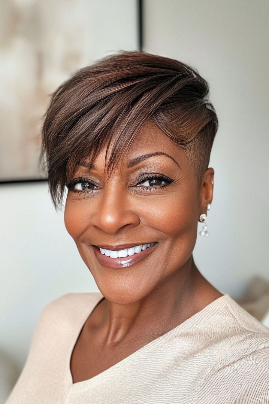 6. Pixie mit Seitenscheitel in Kakaobraun (Pixie-Haarschnitte für schwarze Frauen über 60) – Pixie-Haarschnitte für schwarze Frauen über 60