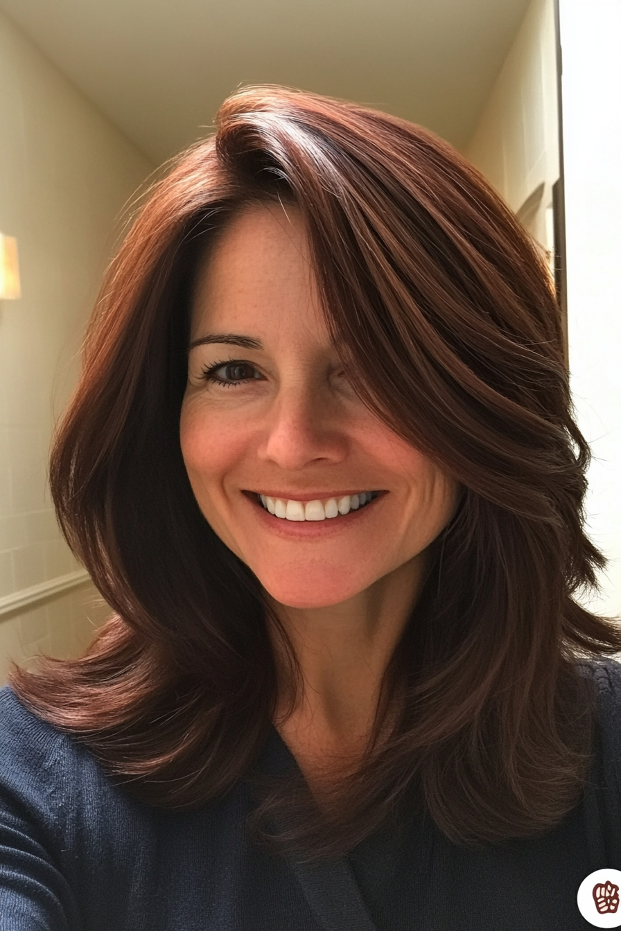 6. Seitenschicht mit dunklem Auburn (beste Haarschnitte für Frauen über 40) - beste Haarschnitte für Frauen über 40