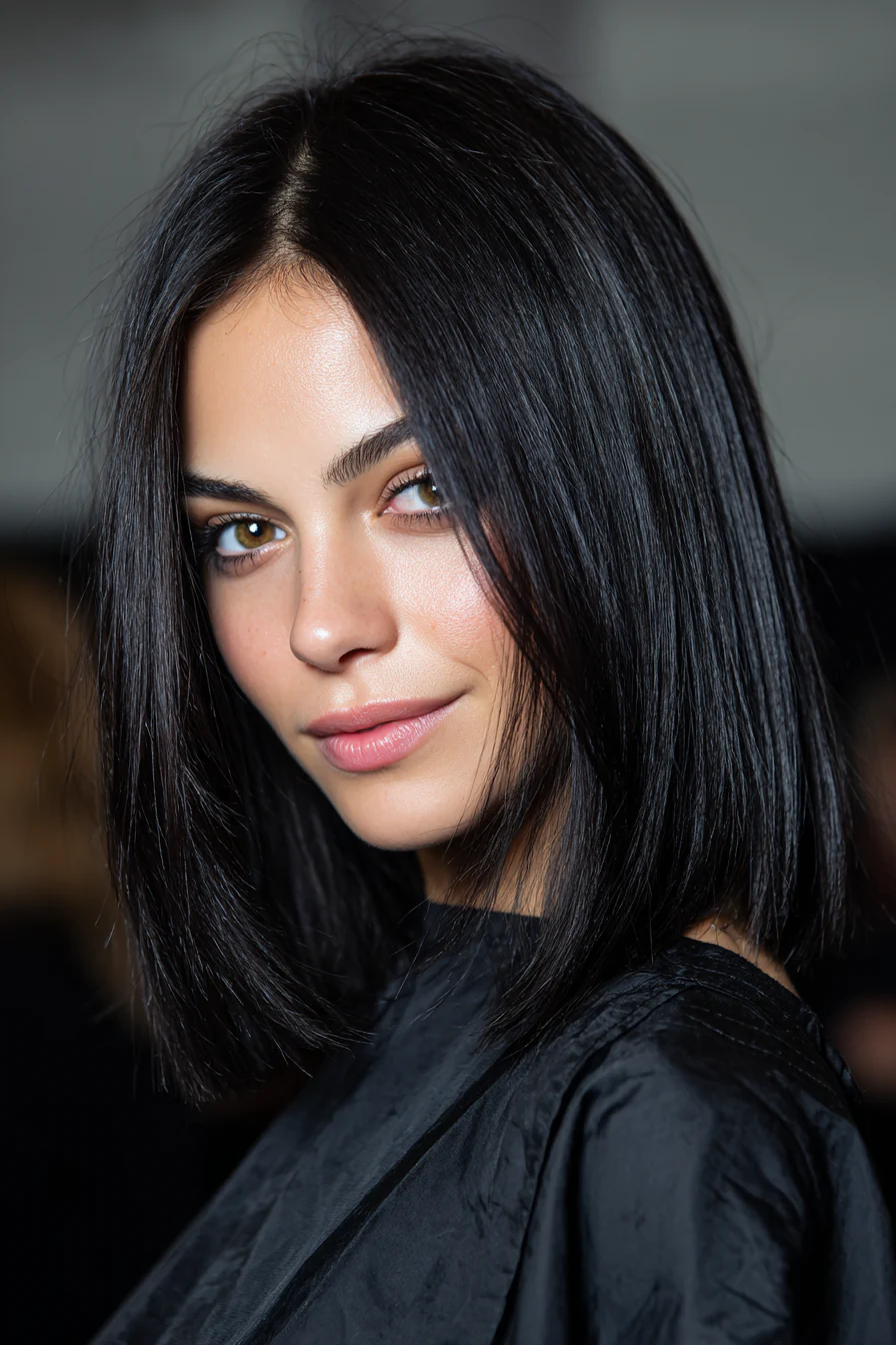 6. Seidiger schwarzer stumpfer Schnitt (schulterlange Frisuren für dickes Haar) – Schulterlange Frisuren für dickes Haar