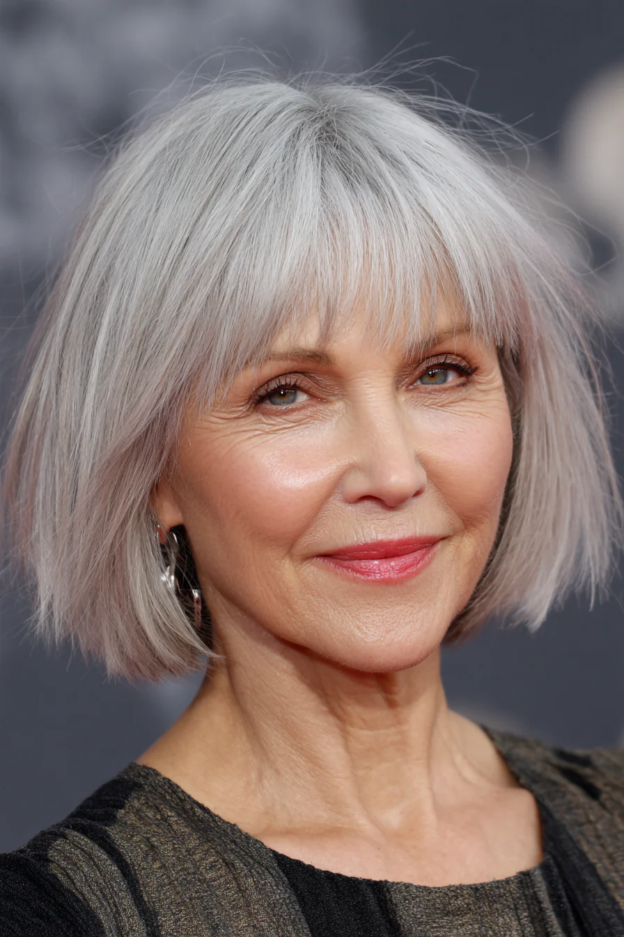 6. Silberner, spitz zulaufender Bob mit abgehacktem Pony (Bob-Haarschnitte mit Pony für Frauen über 50) – Bob-Haarschnitte mit Pony für Frauen über 50