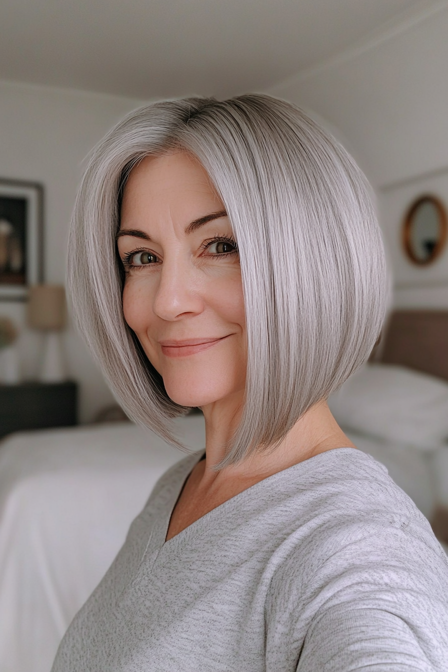 6. schlanker Abgleer Bob in weichem silbergrau (kurze Haarschnitte für ältere Frauen mit dickem Haar) - kurze Haarschnitte für ältere Frauen mit dickem Haar