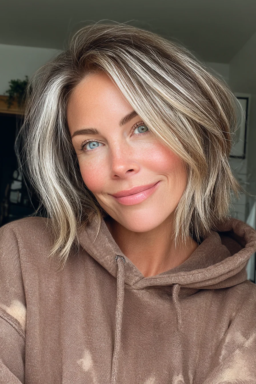 6. Geschnittener Bob mit sanften Beige-Highlights (Kurzhaarschnitte für Frauen über 40 mit feinem Haar) – Kurzhaarschnitte für Frauen über 40 mit feinem Haar