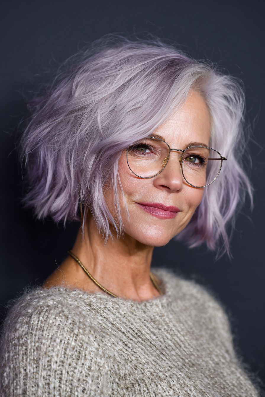 6. Rauchiger Lavendel strukturierter Bob (kurze Frisuren für Frauen über 50 mit Brillen) - kurze Frisuren für Frauen über 50 mit Brille
