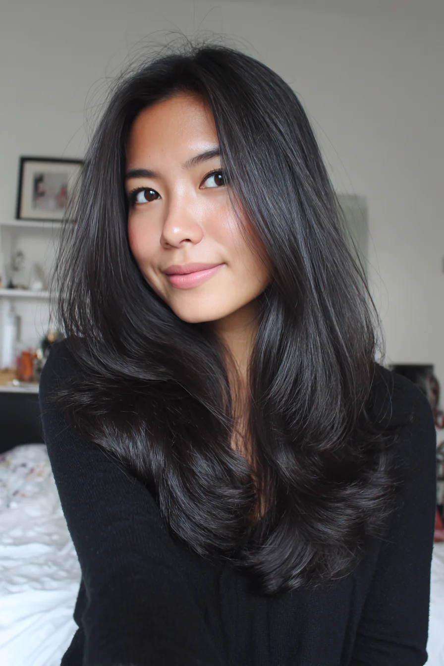 6. Weicher schwarzer U-Schnitt mit langen Schichten (mittellange geschichtete Haarschnitte) – Mittellange geschichtete Haarschnitte