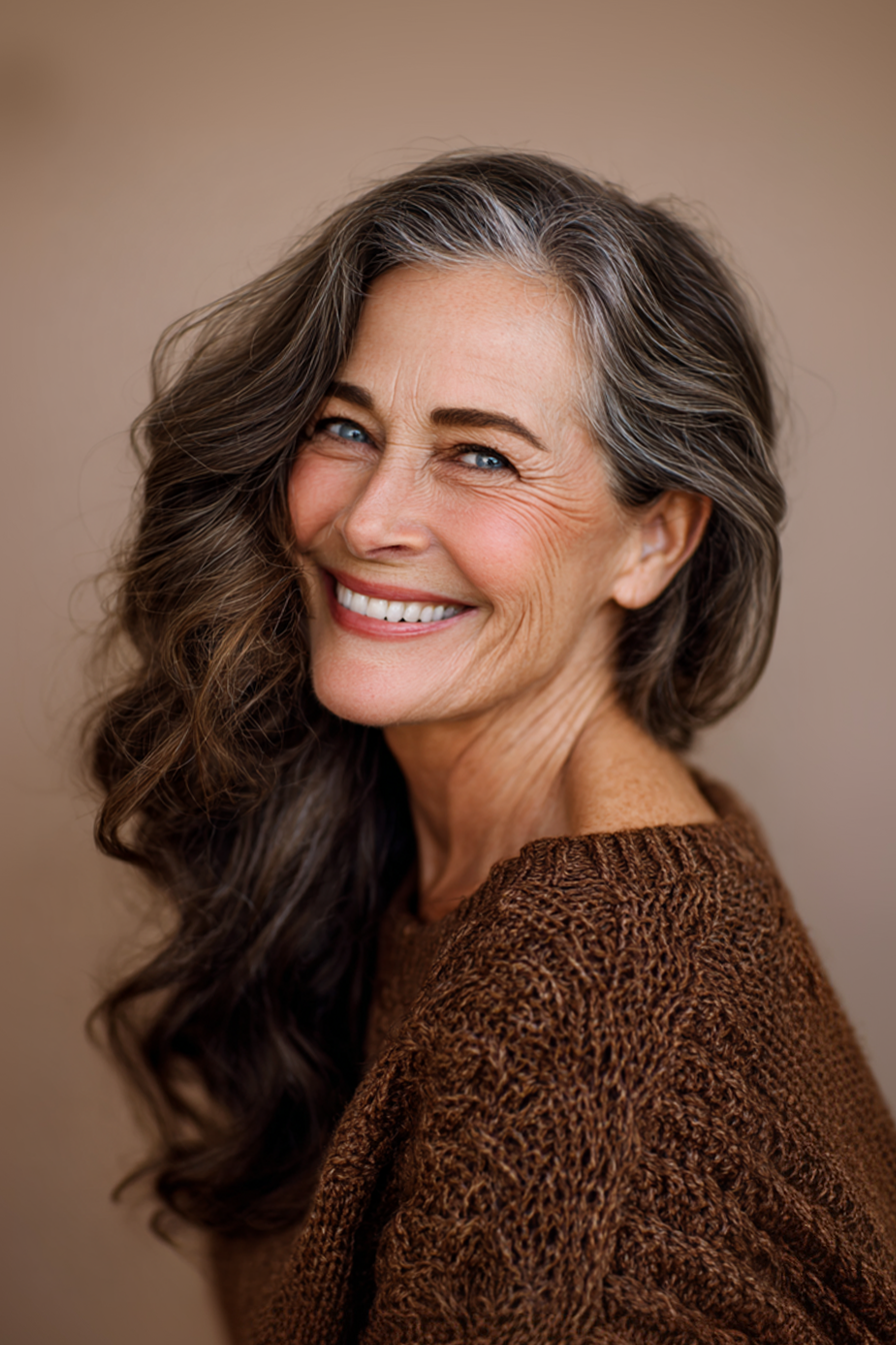 6. Weiche Brünette Glamwellen (Hochzeitsfrisuren für Frauen über 60) - Hochzeitsfrisuren für Frauen über 60