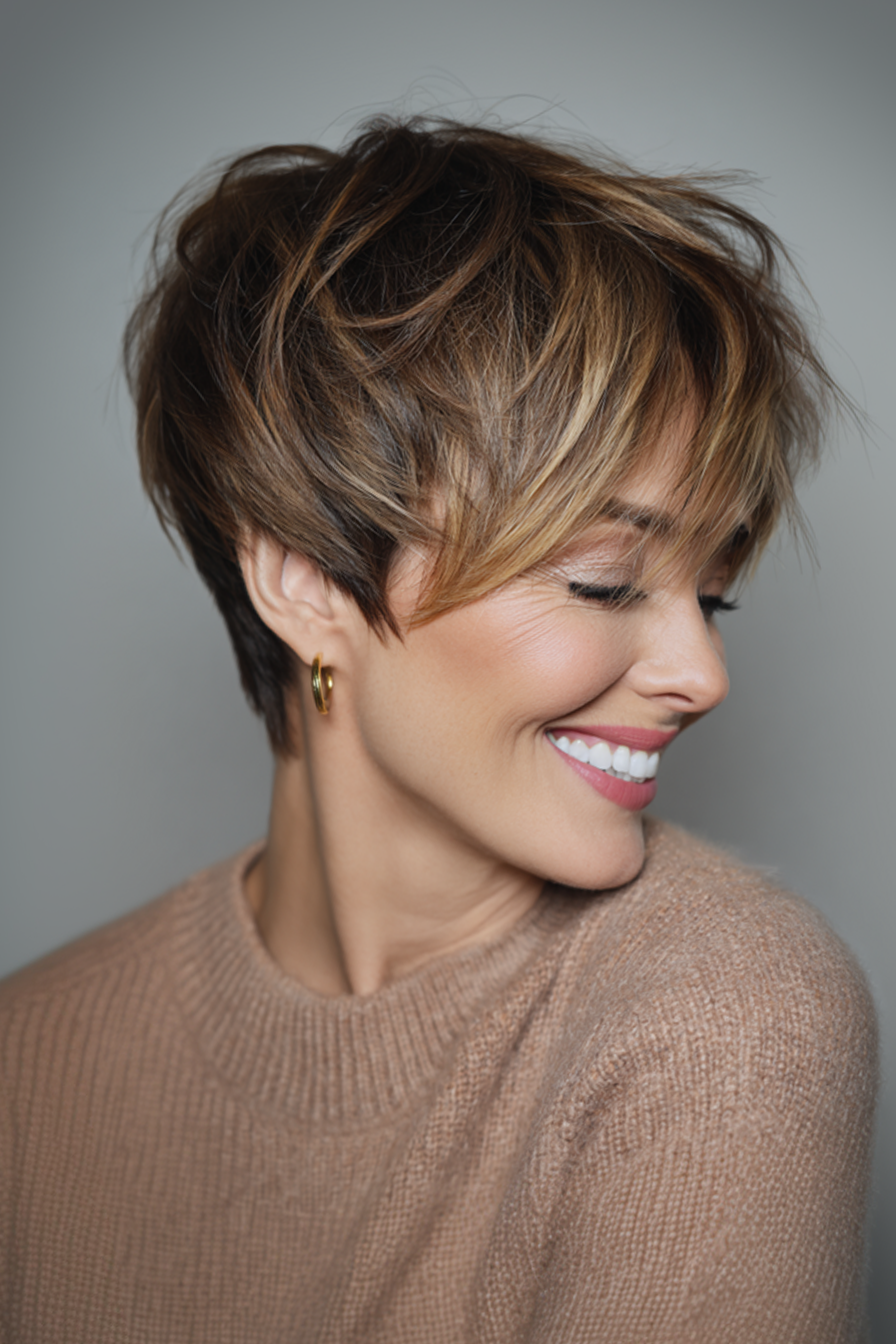 6. Soft Layered Pixie - Kastanie mit Honig -Highlights (neueste kurze Haarschnitte für Frauen über 40) - Neueste kurze Haarschnitte für Frauen über 40