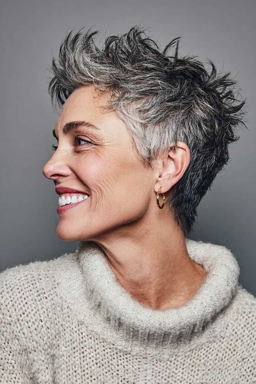 6. Stachelig-weicher Pixie in Salz-Pfeffer-Mischung (abgehackte Haarschnitte für ältere Frauen) – Abgehackte Haarschnitte für ältere Frauen