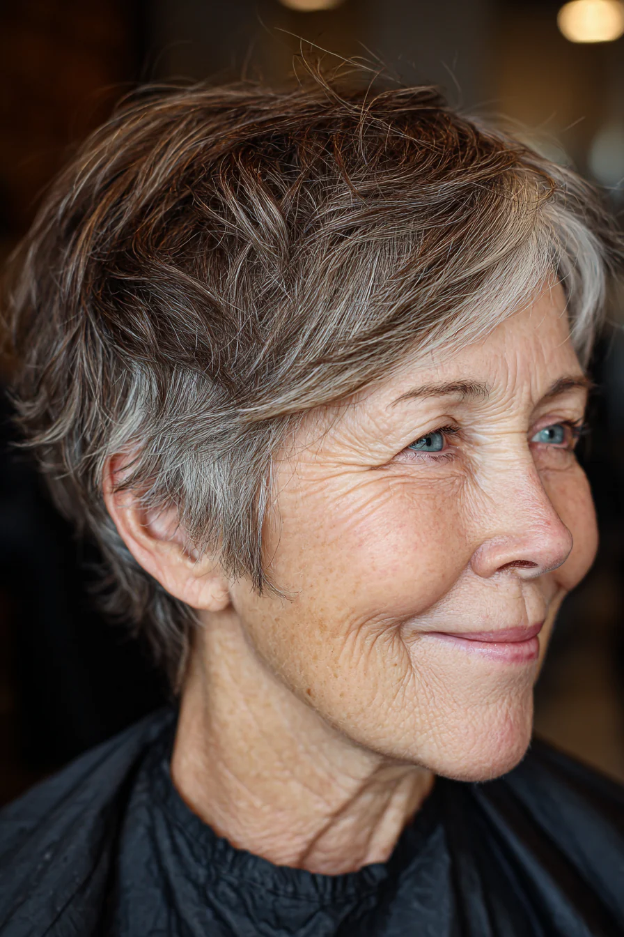 6. Subtile Mocha Shaggy Pixie (Trendfrisuren für Frauen über 60) – Trendfrisuren für Frauen über 60