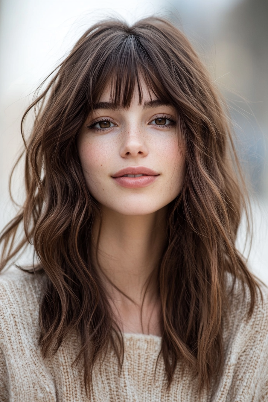 6. versunkene Brünettenwellen mit Vorhangrand (wellige Haarschnitte mit Vorhang Pony) - Wellige Haarschnitte mit Vorhangstichen