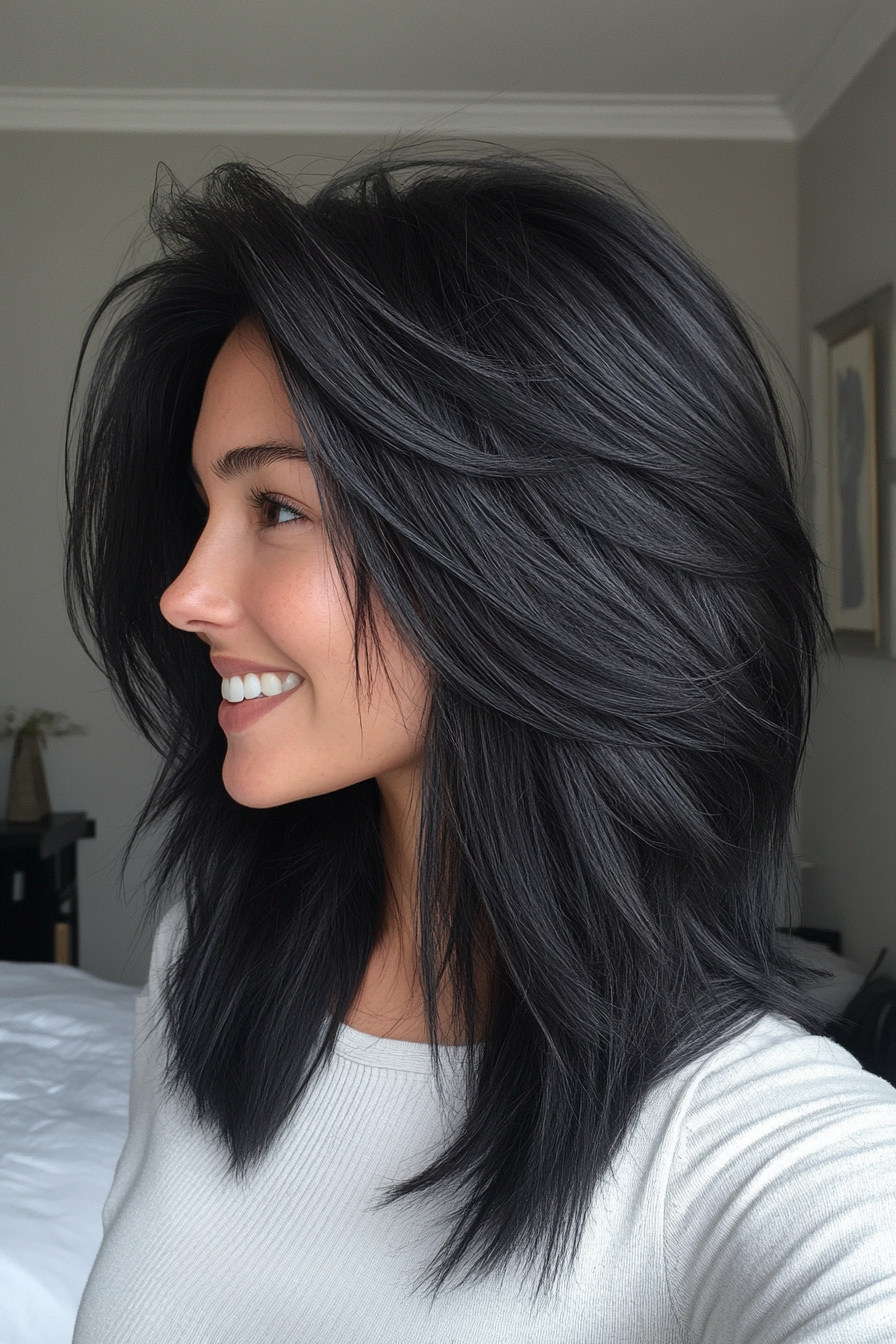 6. sich verjüngter alten schwarzer Shag (zottelige Haarschnitte für dickes Haar) - Shaggy -Haarschnitte für dickes Haar