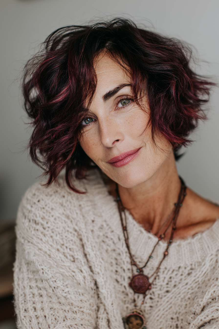 6. strukturierter Lob mit burgunderfarbenen Lowlights (funky Haarschnitte für ältere Frauen) - Funky Haarschnitte für ältere Frauen