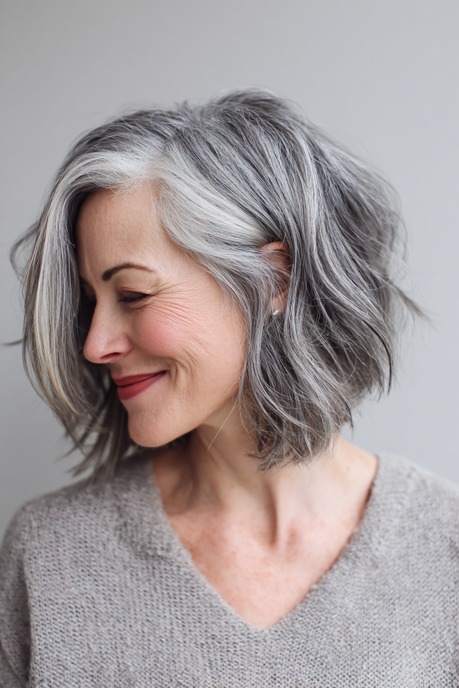 6. Strukturierter Salz-und-Pfeffer-Lob (Wellige Frisuren für Frauen über 60) – Wellenförmige Frisuren für Frauen über 60