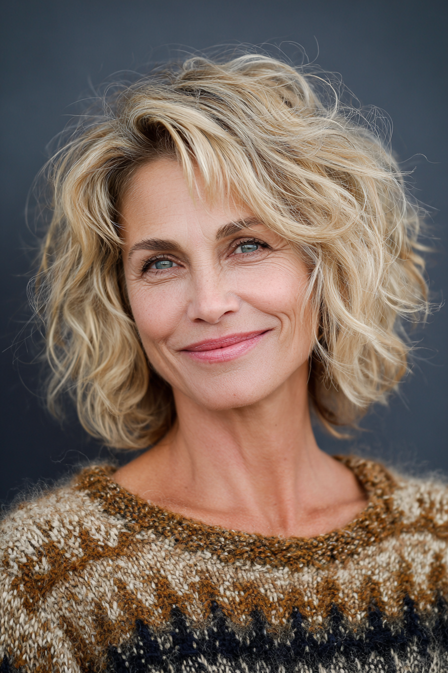 6. Tousled Lob mit sanftem Champagner-Balayage (Chaotische Frisuren für Frauen über 50) – Chaotische Frisuren für Frauen über 50