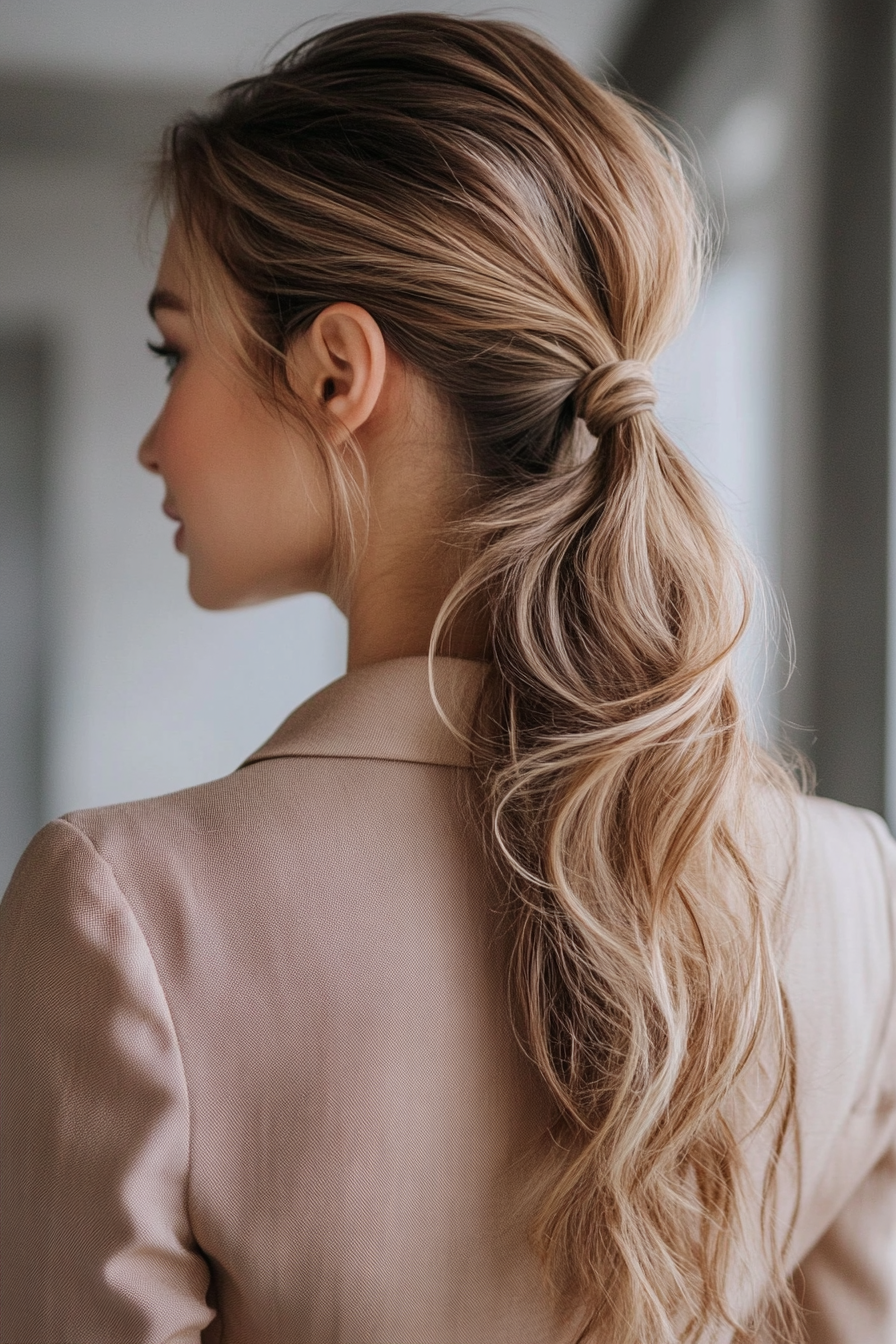 6. gehörte Pferdeschwanz mit aschbraunen Streifen (Pferdeschwanzfrisuren Frauen über 40) - Pferdeschwanzfrisuren Frauen über 40