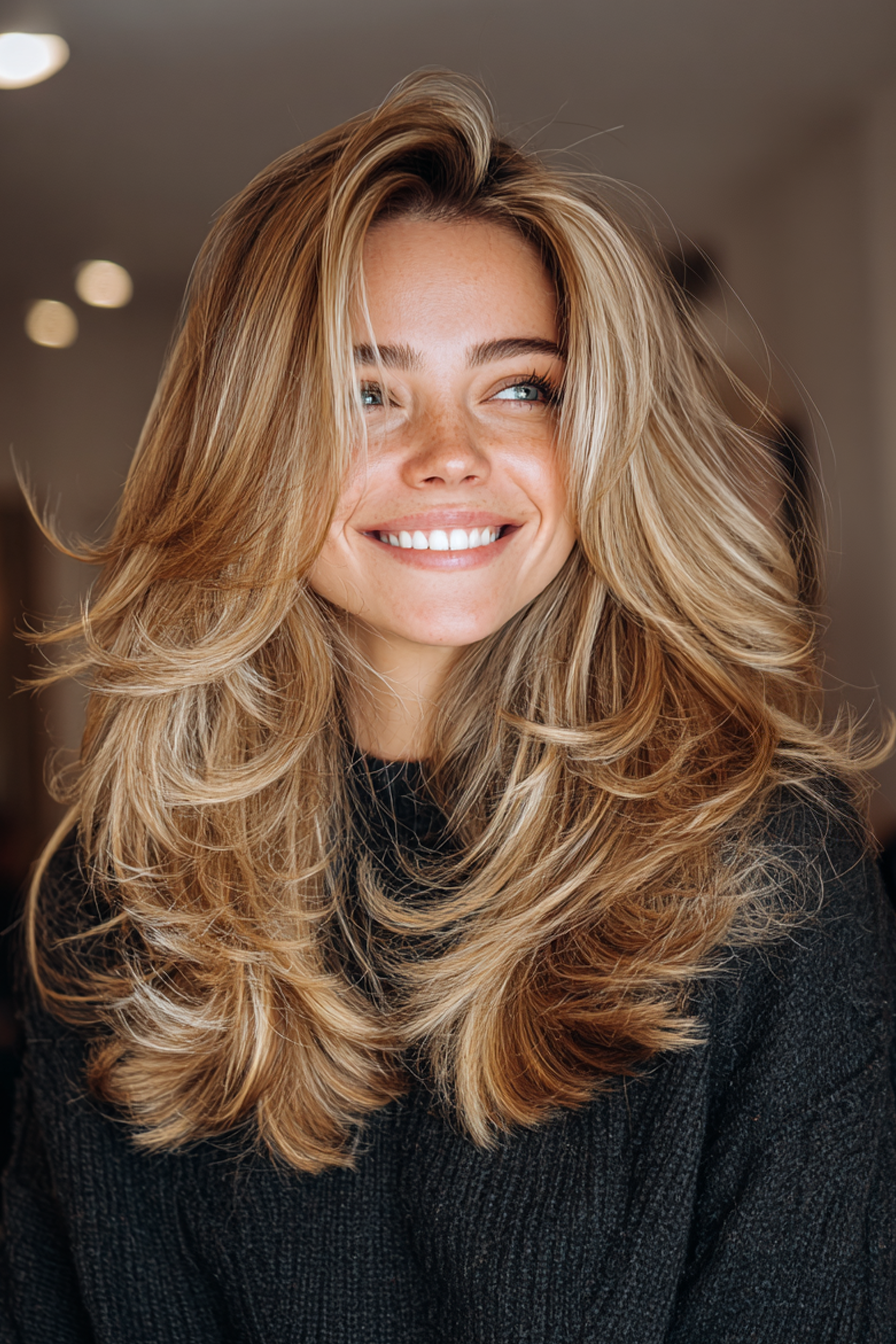 6. Voluminöse Schichten mit goldenen Highlights (geschichtete Frisuren) - geschichtete Frisuren