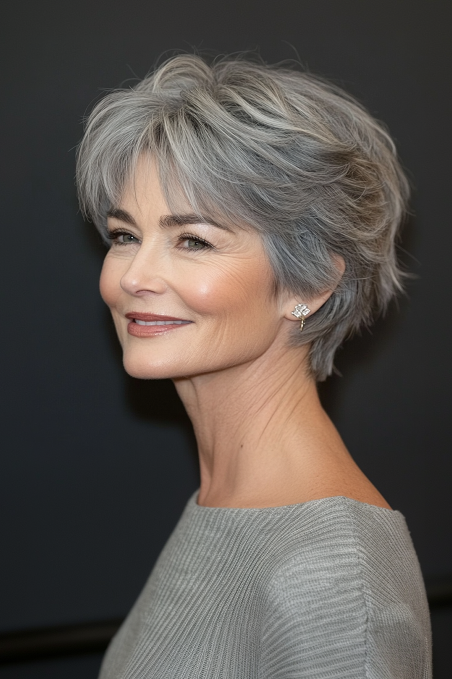 6. Volumisierte Ernte mit sich verjüngten Pony in Salz-und-Prepper (Haarschnitte für Frauen über 60 mit Pony)-Haarschnitte für Frauen über 60 mit Pony