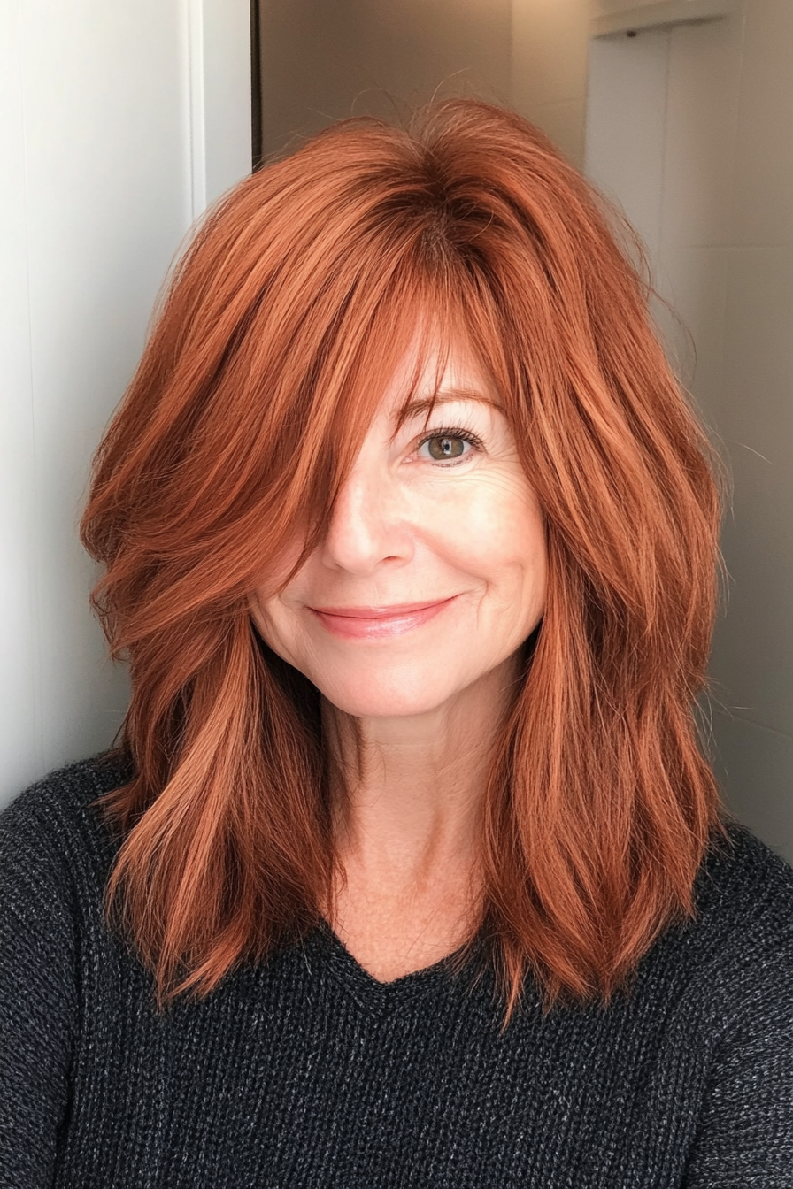 6. Warmer Auburn Medium Shag mit abgehackten Schichten (Shag -Frisuren für Frauen über 60) - Shag Frisuren für Frauen über 60