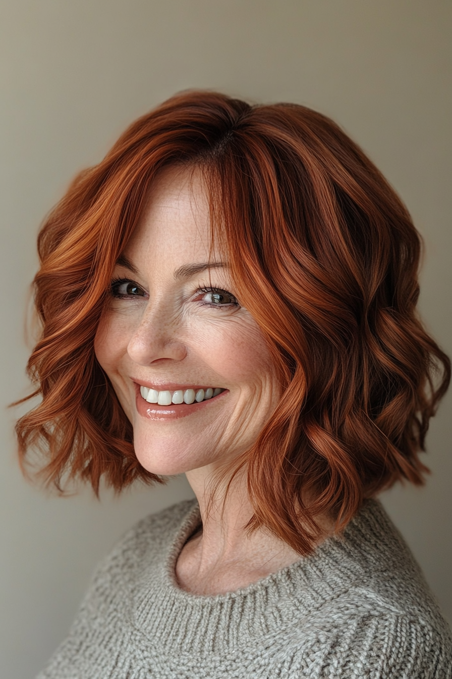 6. Welliger Bob mit dunklem Auburn Shine (Haarschnitte für ältere Frauen mit welligem Haar) - Haarschnitte für ältere Frauen mit welligem Haar