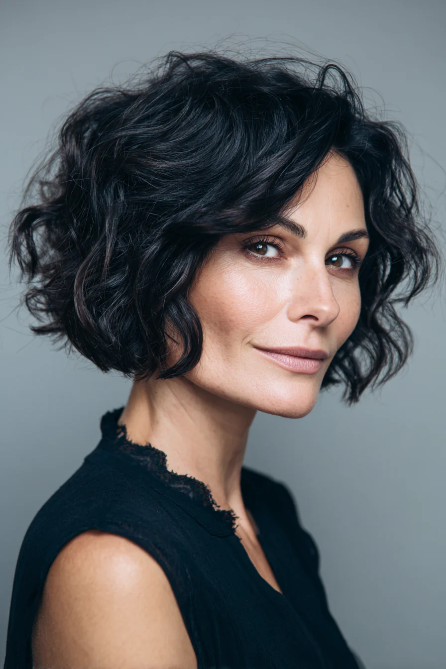 6. Welliger französischer Bob in Tiefschwarz (kurze gewellte Haarschnitte für ältere Frauen) – Kurze gewellte Haarschnitte für ältere Frauen