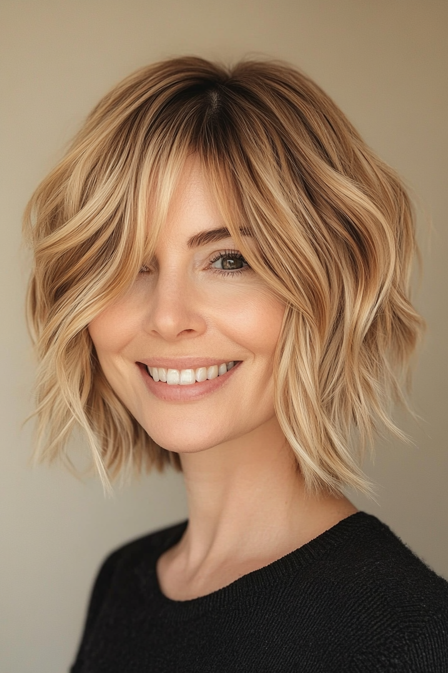 6. Wellenhonigblonde Bob mit Vorhang Pony (neue kurze Frisuren für Frauen über 40) - neue kurze Frisuren für Frauen über 40