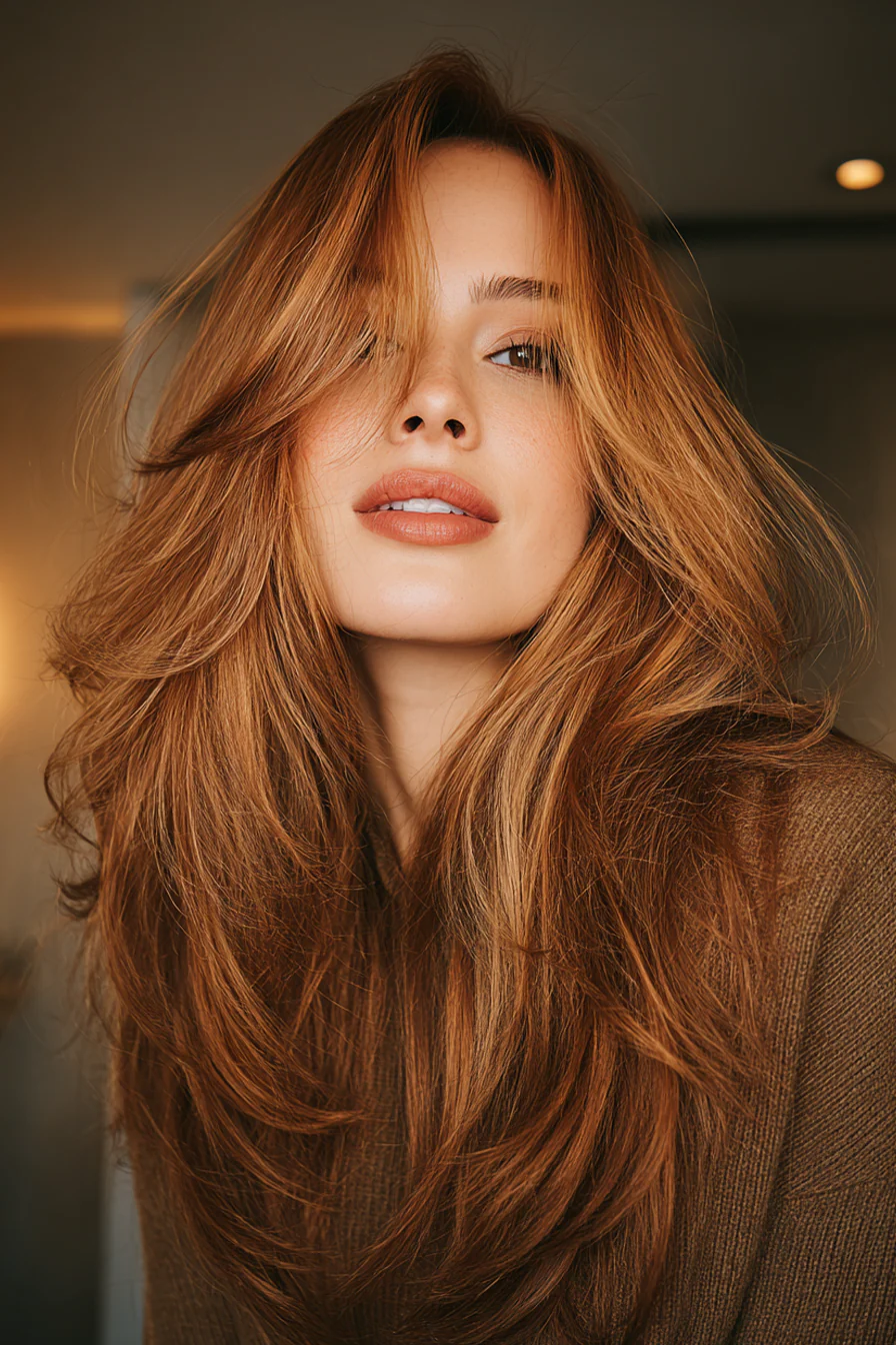 6. Hauchdünne Schichten mit goldener Kupferdimension (Lange Stufenhaarschnitte für Damen) – Lange Stufenhaarschnitte für Damen