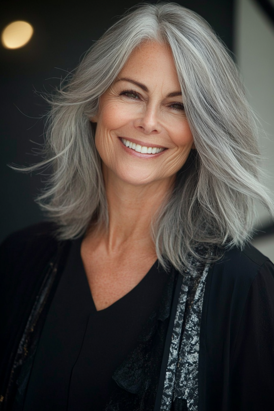 6. Wispy Mid Legth Schichten in natürlicher Grau (Herbstfrisuren für Frauen über 50) - Herbstfrisuren für Frauen über 50