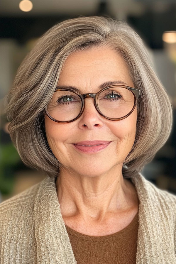Elegant Grey Bob, Bob Haarschnitt für Frauen über 60 mit Brille