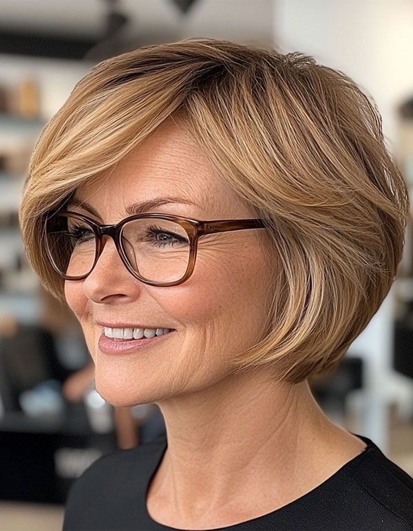 Blonde Bob mit Seitenpony, Bob-Haarschnitt für Frauen über 60 mit Brille