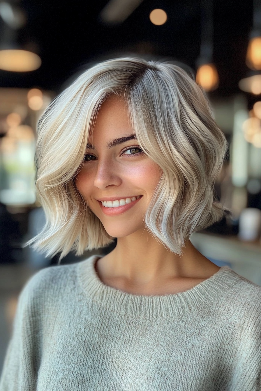 7. Airy Bob mit Platincreme (wellige Haarschnitte mit Vorhang Pony) - wellige Haarschnitte mit Vorhangstücken