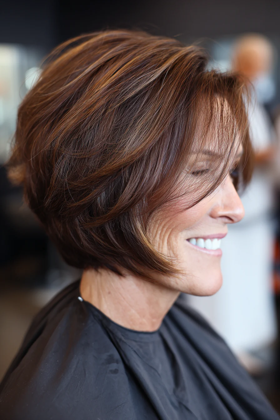 7. Abgewinkelter Bob mit Kastanienbraun (Haarschnitte für Frauen über 50 mit dunklem Haar) – Haarschnitte für Frauen über 50 mit dunklem Haar