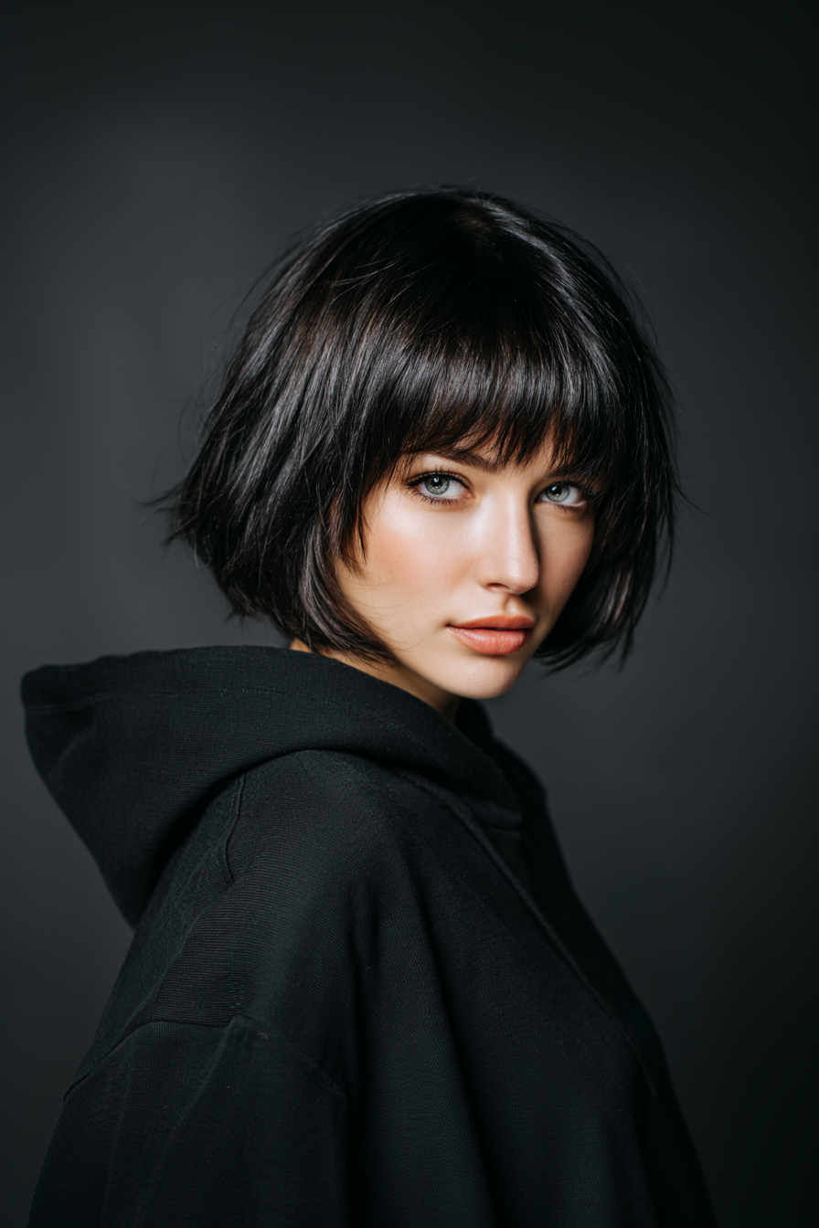 7. Abgled Bob mit strukturierten Pony in schwarzem Espresso (Haarschnitte für Frauen über 40 mit Pony) - Haarschnitte für Frauen über 40 mit Pony