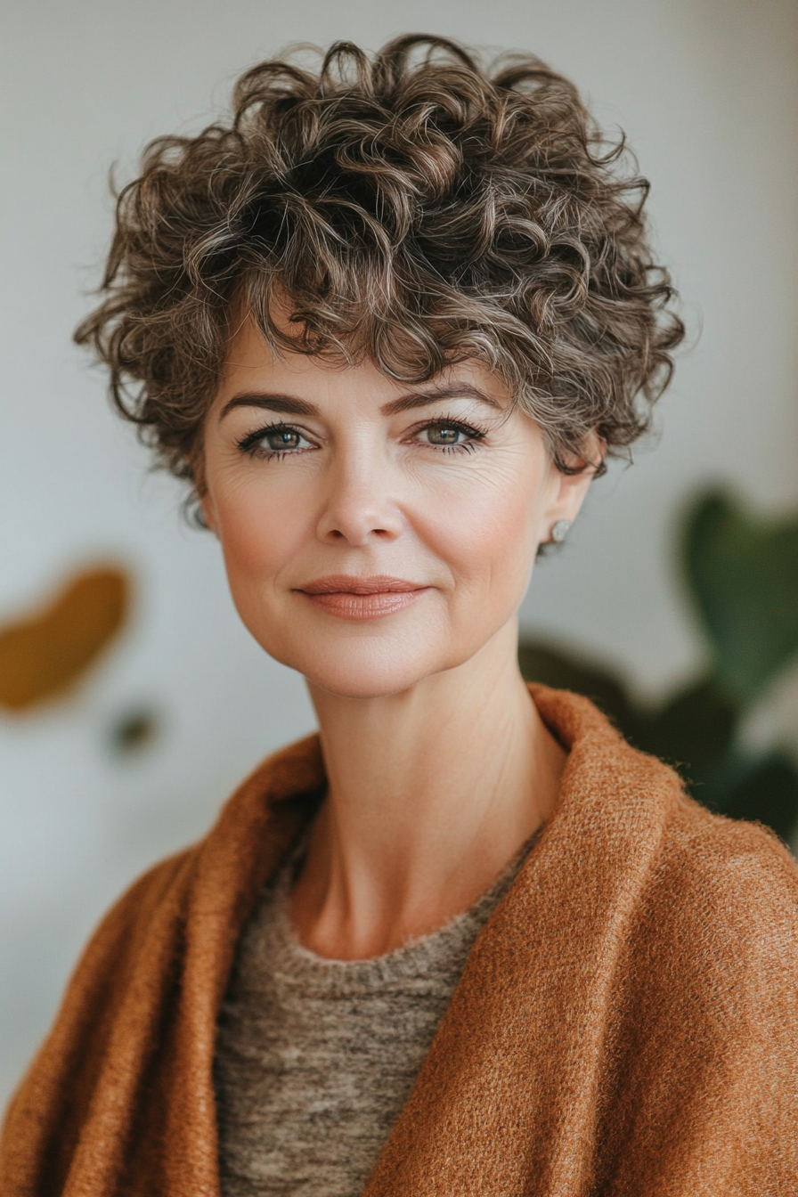 7. Asche Brown Curly Crown Pixie (Curly Pixie Haarschnitte für Frauen über 60) - Curly Pixie Haircuts für Frauen über 60