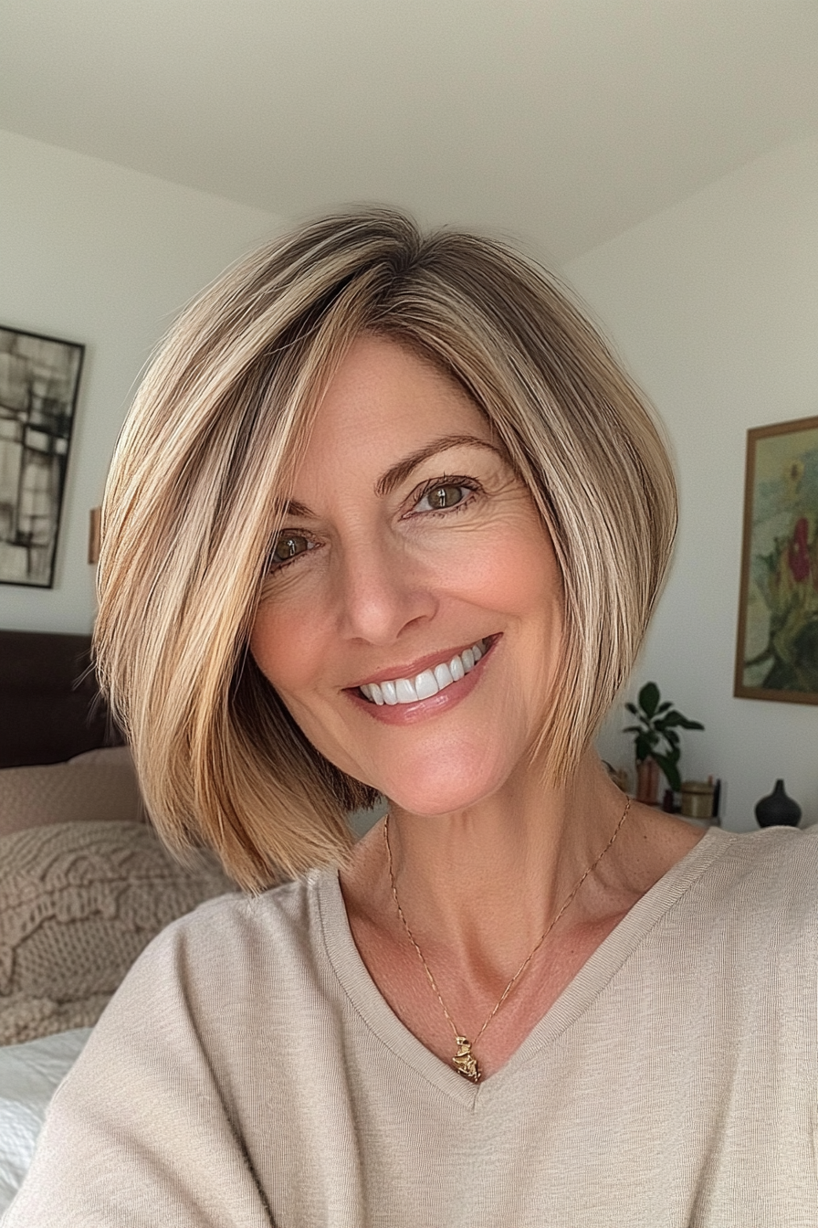 7. Asymmetrischer Bob mit goldener Blondine (kurze kantige Haarschnitte für Frauen über 50) - kurze kantige Haarschnitte für Frauen über 50