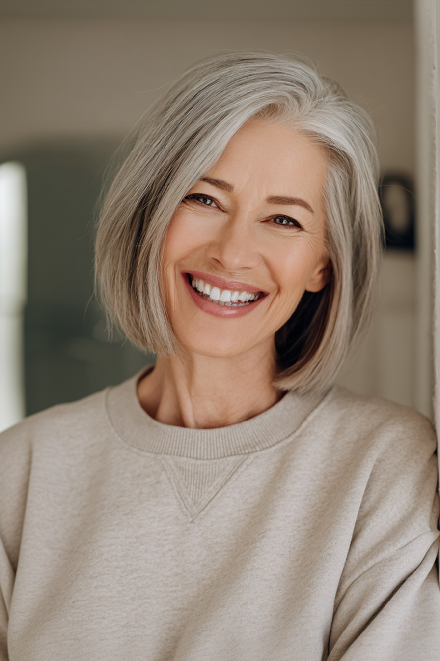 7. Stumpf Bob mit Seitenteil in kühlem Taupe (Kinnlänge Haarschnitte für ältere Frauen) - Haarschnitte für ältere Frauen Kinnlänge