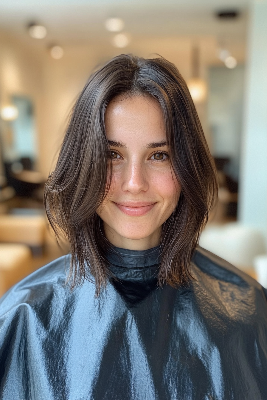 7. Stumpfe Lob mit weichem Braun (mittlere Haarschnitte für krauses Haar) - mittelgroße Haarschnitte für krauses Haar