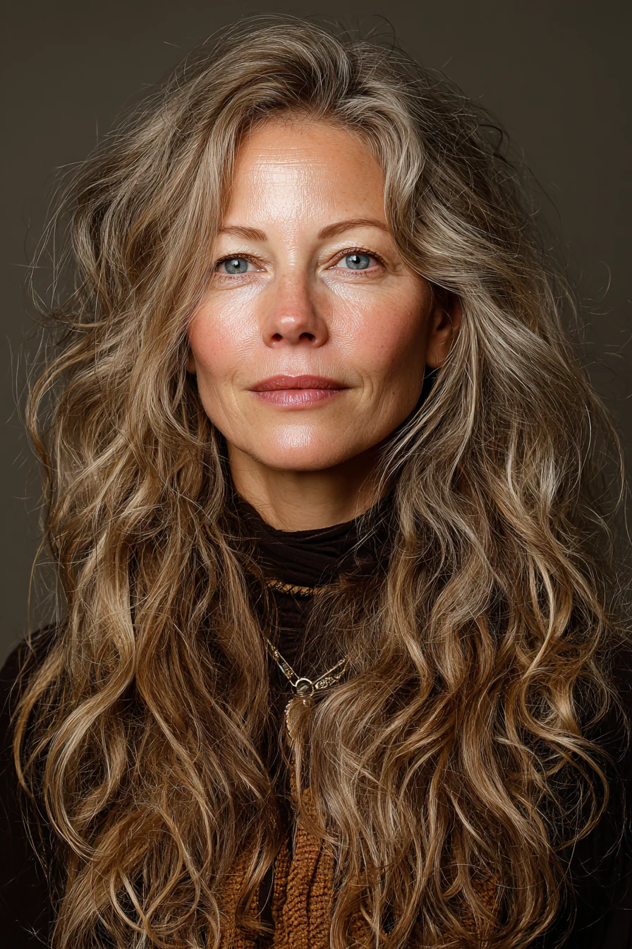7. Boho-Wellen mit hellem Karamellbraun (lange Frisuren für Frauen über 60) – Lange Frisuren für Frauen über 60