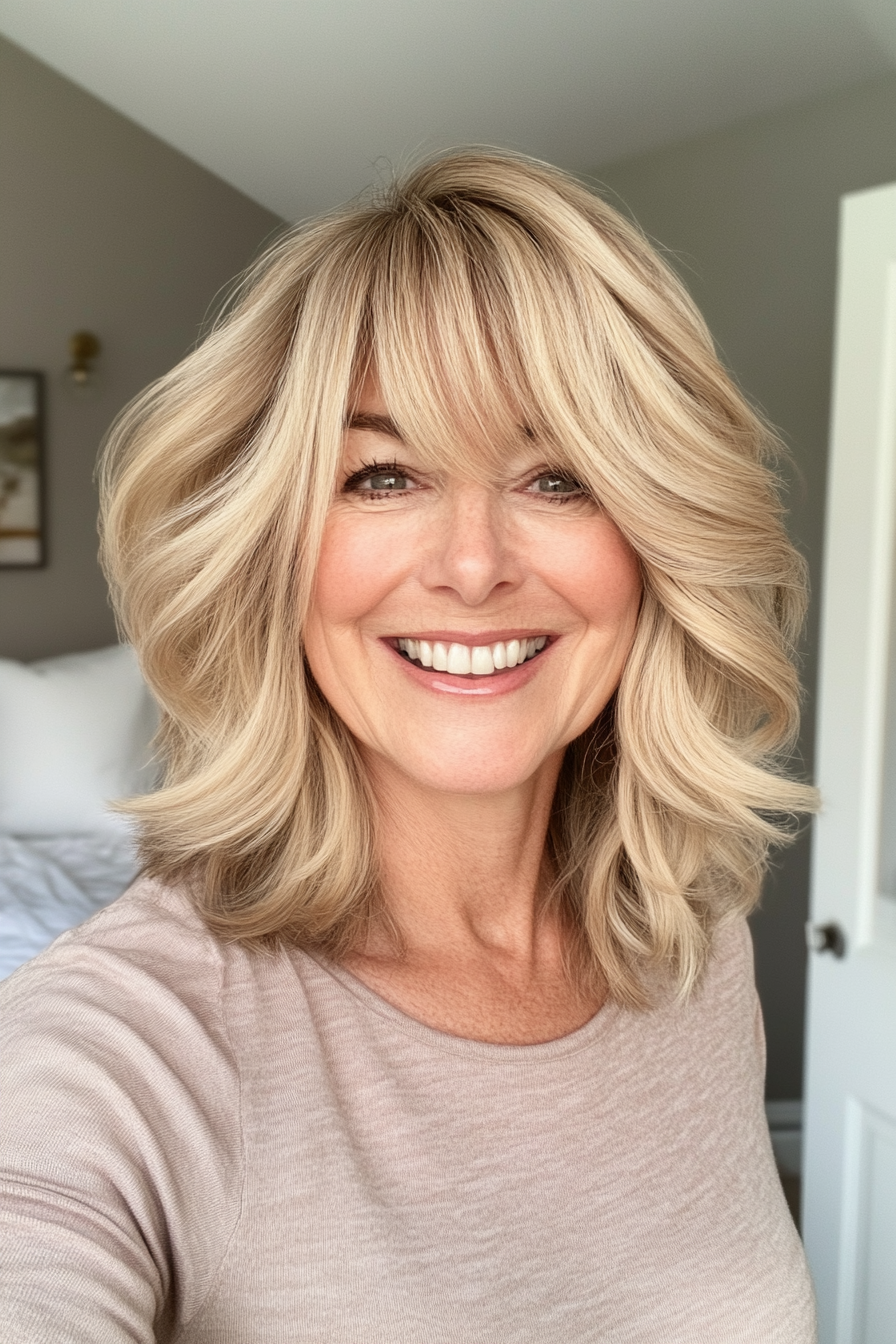 7. Buttery Blonde Shag Shag mit Swoopy Pony (Shag Frisuren für Frauen über 60) - Shag -Frisuren für Frauen über 60