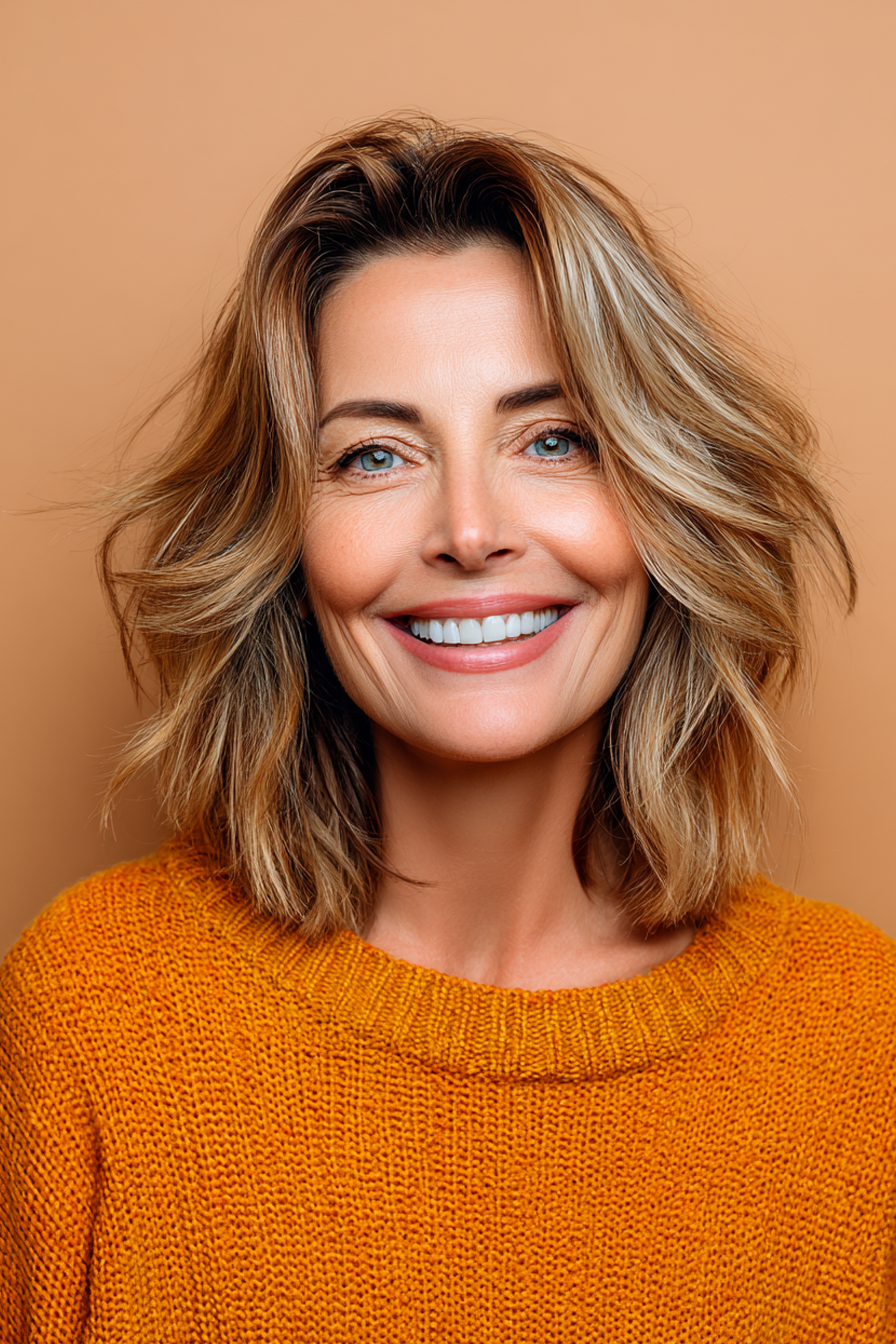 7. Karamellwirbel mit mittlerer Länge (Herbsthaarschnitte für Frauen über 50) - Herbsthaarschnitte für Frauen über 50