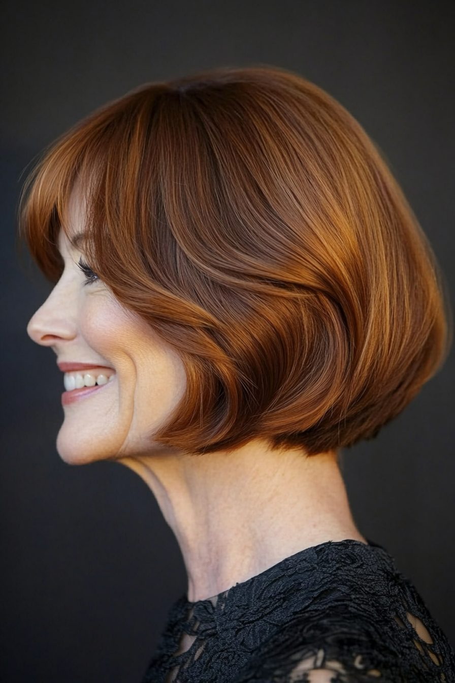 7. Chestnut Bob mit wispy Pony (kurze trendige Haarschnitte für Frauen über 60) - kurze trendige Haarschnitte für Frauen über 60