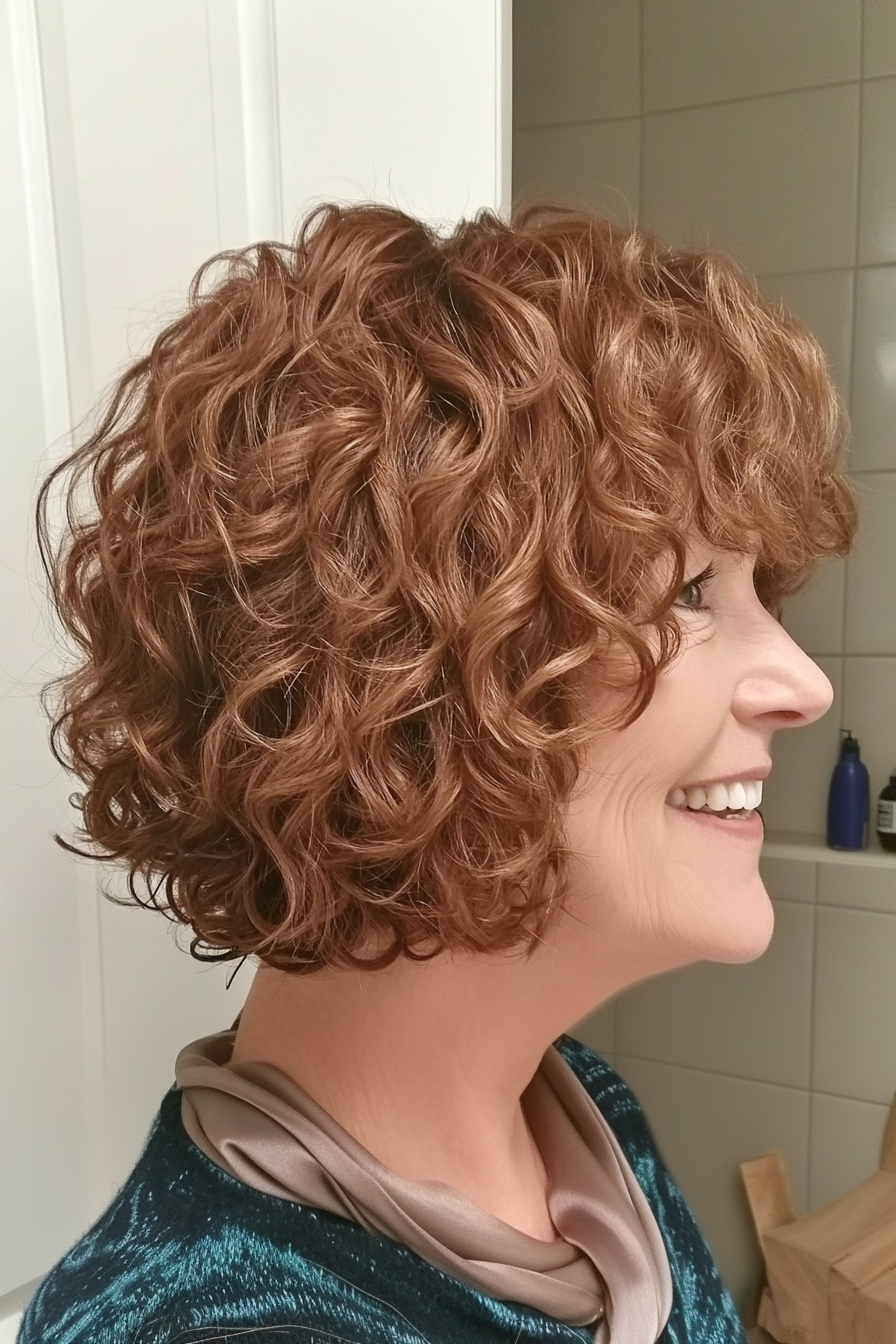 7. Chestnut Curly Bob mit Pony (Haarschnitt für lockiges Haar für Frauen über 50) - Haarschnitt für lockiges Haar für Frauen über 50