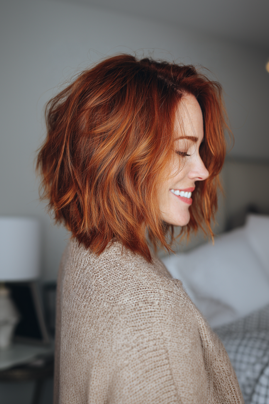 7. abgehackte mittelgeschnitten mit goldenen Kupfertönen (mittelgroße geschichtete Frisuren für Frauen über 40) - mittelgroße geschichtete Frisuren für Frauen über 40