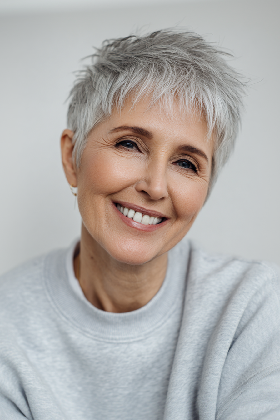 7. Klassischer geschichteter silberner Pixie-Schnitt (geschichteter Pixie-Haarschnitt für Frauen über 60) – geschichteter Pixie-Haarschnitt für Frauen über 60