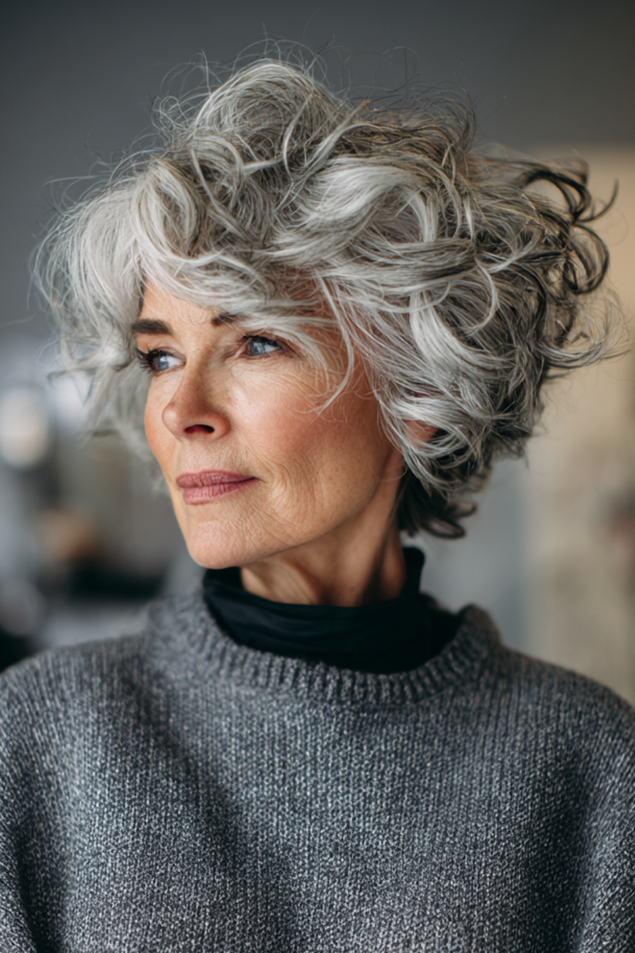 7. Lockiger, unordentlicher Schnitt in Salz-und-Pfeffer-Grau (Unordentliche Frisuren für Frauen über 50) – Unordentliche Frisuren für Frauen über 50