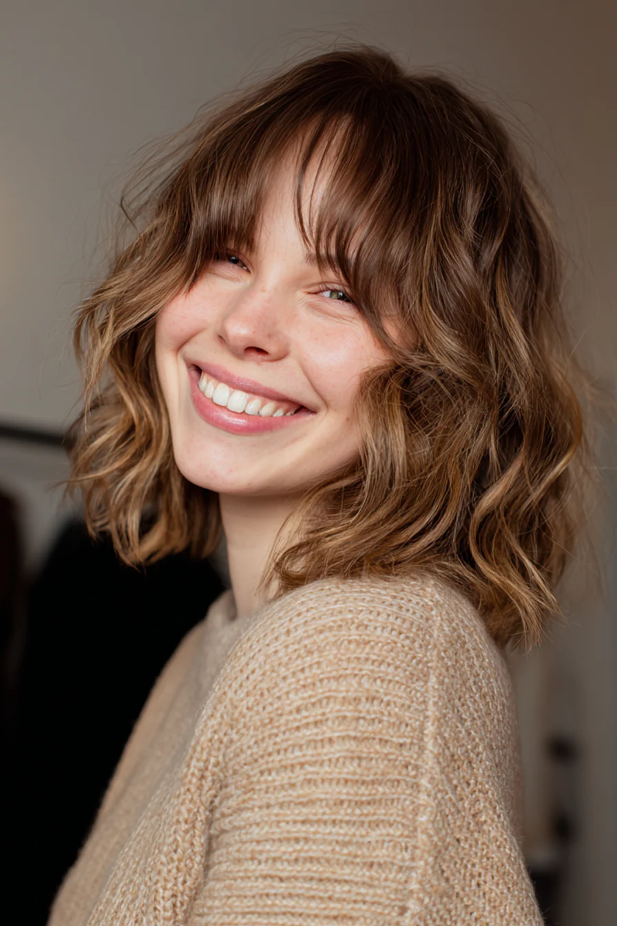 7. Curtain Bangs mit Smoky Bronde Waves (Haarschnitte für dünnes Haar) – Haarschnitte für dünnes Haar