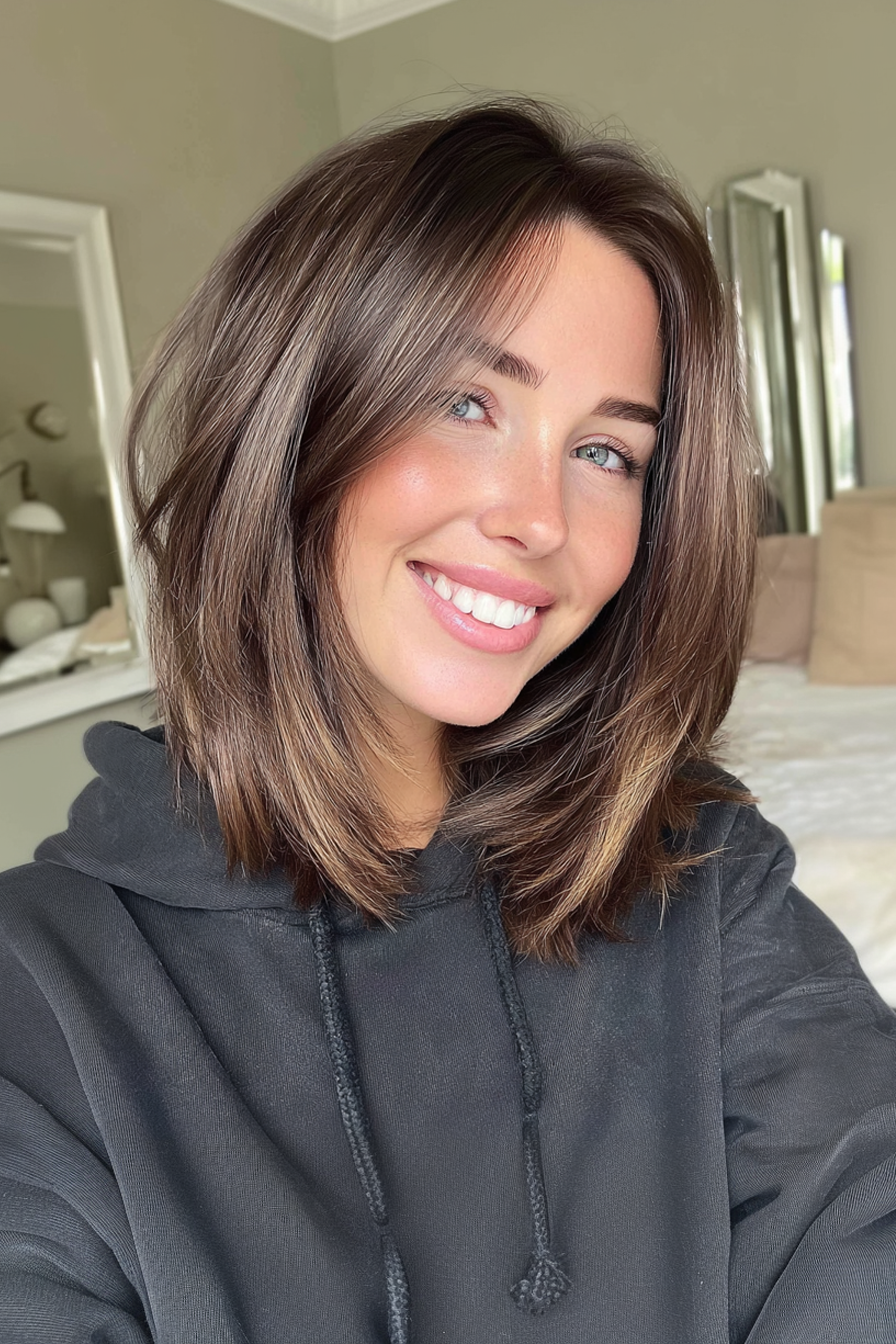 7. gebogener geschichtter Bob mit Schokoladenschmelze (mittelgroße geschichtete Bob -Frisuren) - mittelgroße, geschichtete Bob -Frisuren