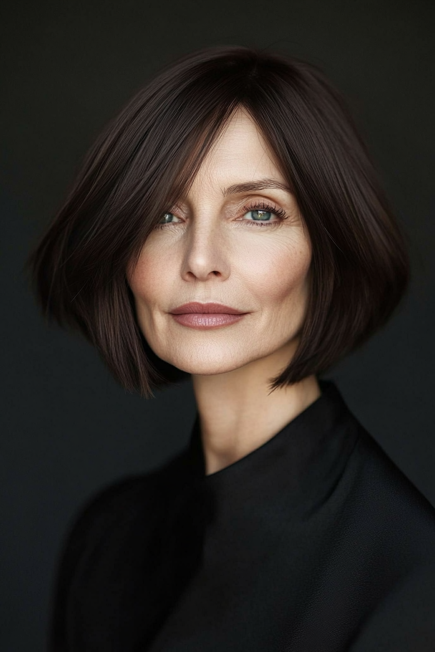 7. Dunkle Schokoladen -Ein -Länge -Bob (stumpfe Haarschnitte für Frauen über 60) - Stumpfe Haarschnitte für Frauen über 60
