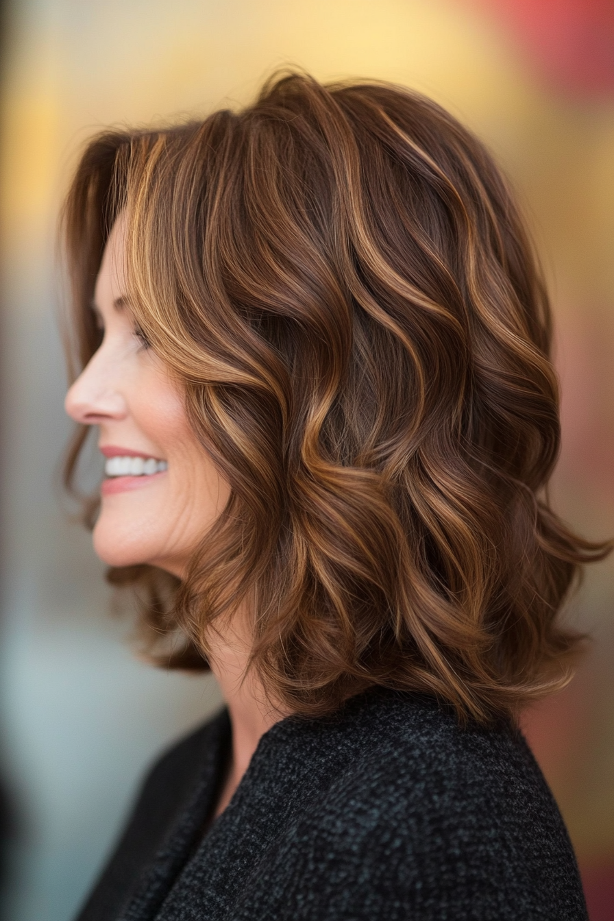 7. Elegantes Colarbone in Kastanienbraun (Haarschnitte für Frauen über 60 mit welligen Haaren) - Haarschnitte für Frauen über 60 mit welligen Haaren
