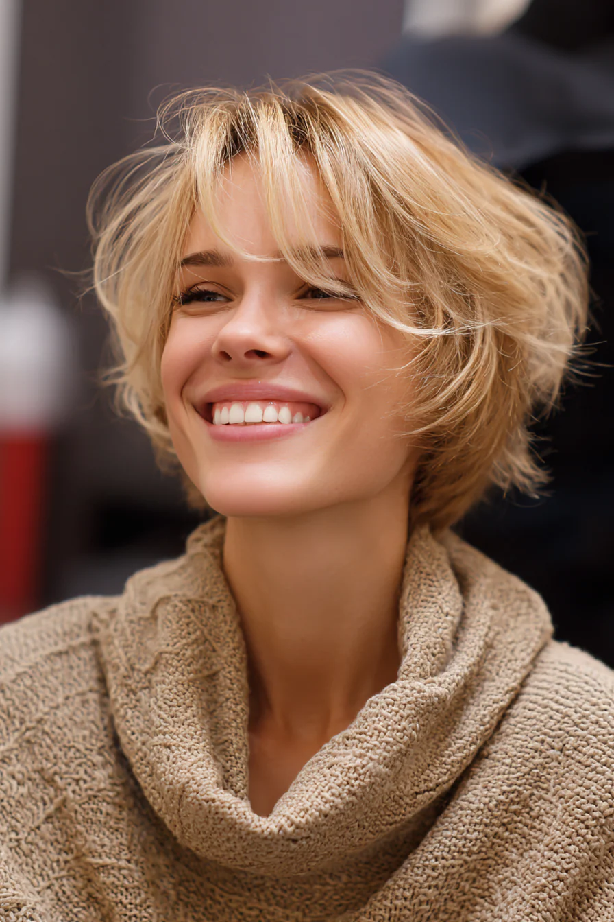 7. Gefiederter Bob mit goldblondem Pony (Bob-Frisuren mit Pony) – Bob-Frisuren mit Pony