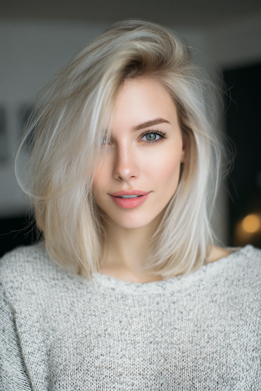 7. Gefiederter Lob in Perlblond (lange Bob-Frisuren) – Lange Bob-Frisuren