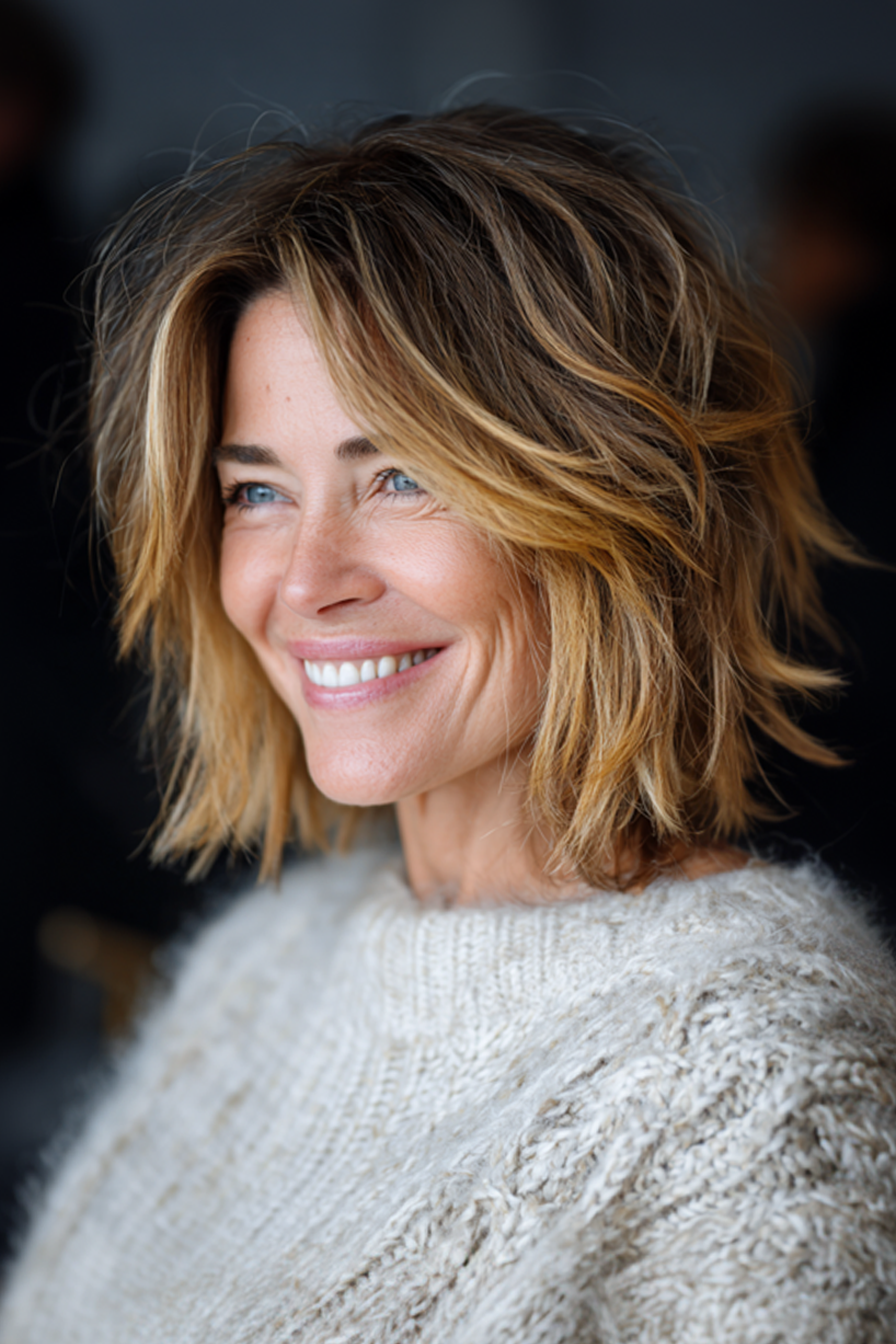 7. Federed Lob mit goldenen Highlights (kantige Haarschnitte für Frauen über 50) - kantige Haarschnitte für Frauen über 50